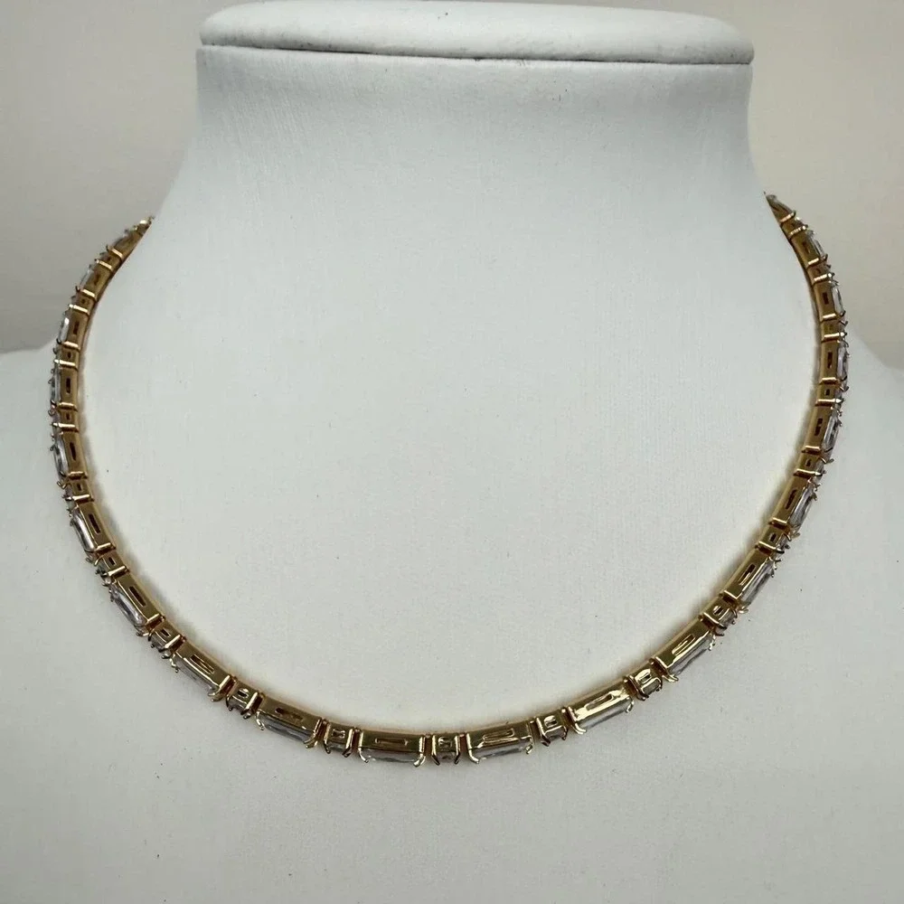 Gold Tone Necklace Crystal Baguette Tennis Chain Elegant Minimalist Design